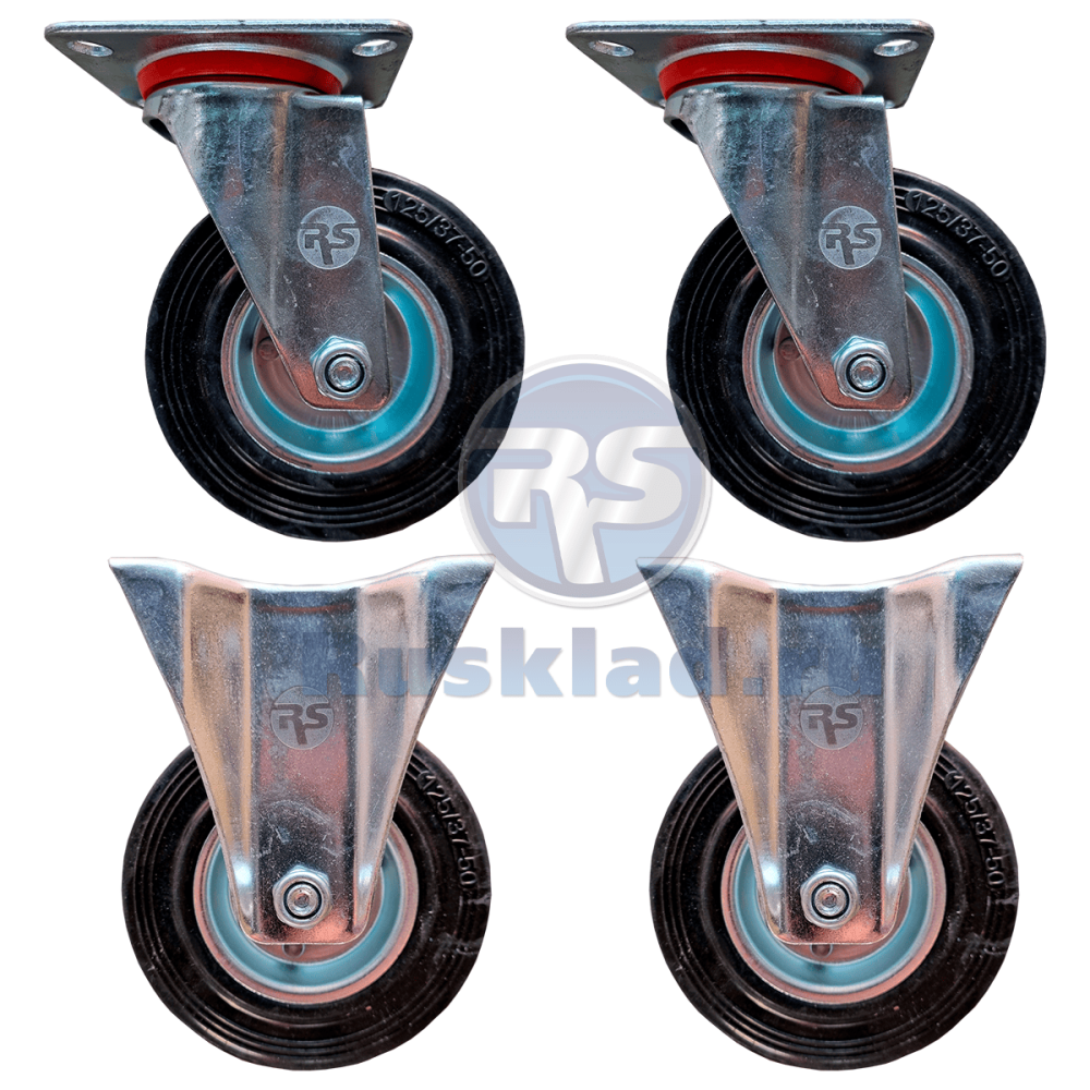 Комплект усиленных колёс 2 поворотных, 2 неповоротных RS Ø125мм (г/п 300кг) Комплект усиленных колёс 2 поворотных, 2 неповоротных RS Ø125мм (г/п 300кг)